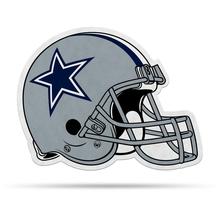 Dallas Cowboys helmet-shaped pennant, 13x15 inches, officially licensed NFL, made in USA, silver colors.