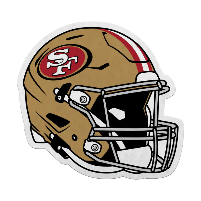 San Francisco 49ers helmet-shaped pennant, 13x15 inches, gold/red colors, officially licensed NFL, made in USA.
