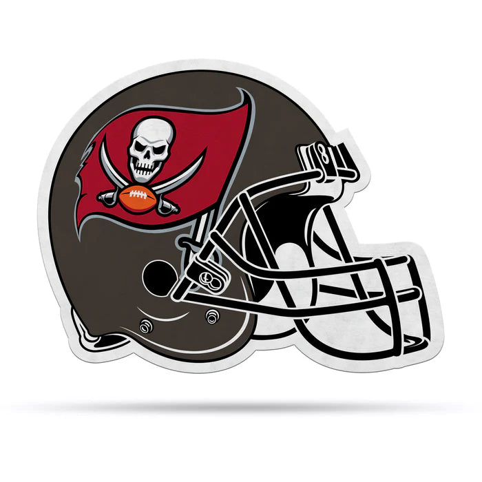 Tampa Bay Buccaneers helmet-shaped pennant, 13x15 inches, pewter colors, officially licensed NFL, made in USA.