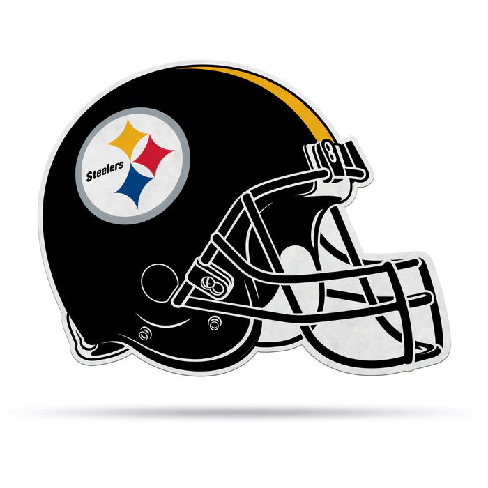 Pittsburgh Steelers helmet-shaped pennant, 13x15 inches, black and gold colors, officially licensed NFL, made in USA.