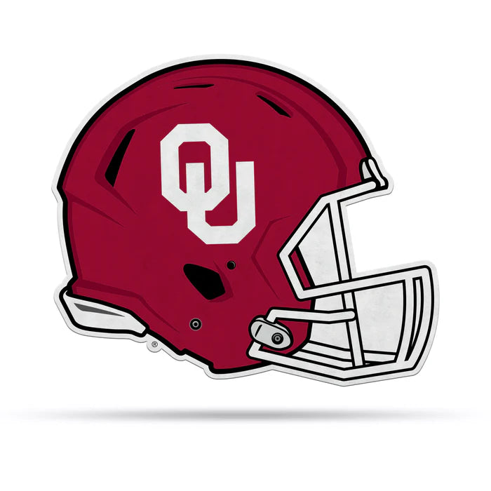 Oklahoma Sooners helmet-shaped pennant, 13x15 inches, red colors, officially licensed NCAA, made in USA.