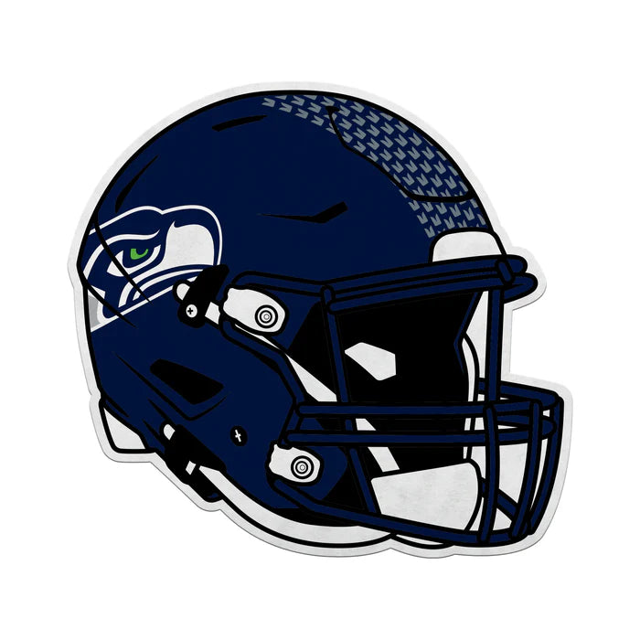 Seattle Seahawks helmet-shaped pennant, 13x15 inches, blue team colors, officially licensed NFL, made in USA.