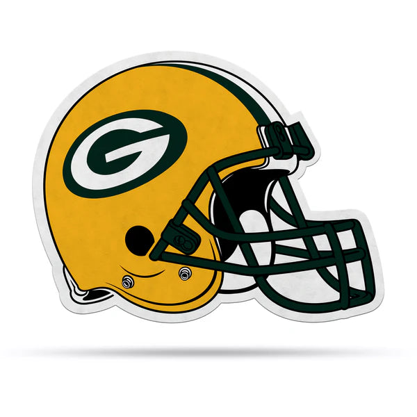Green Bay Packers helmet-shaped pennant, 13x15 inches, officially licensed NFL, made in USA, gold colors.