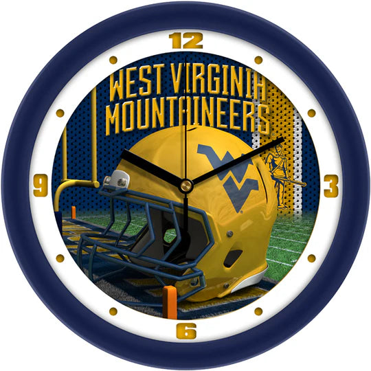 West Virginia Mountaineers 11.5" football helmet wall clock with 3D graphics and mineral glass, by Suntime