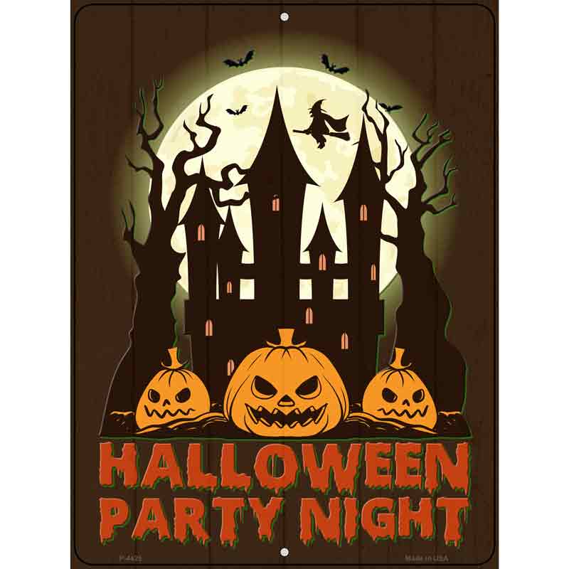 9" x 12" Halloween Party Night metal sign, aluminum, weather-resistant, made in USA, predrilled for easy hanging.