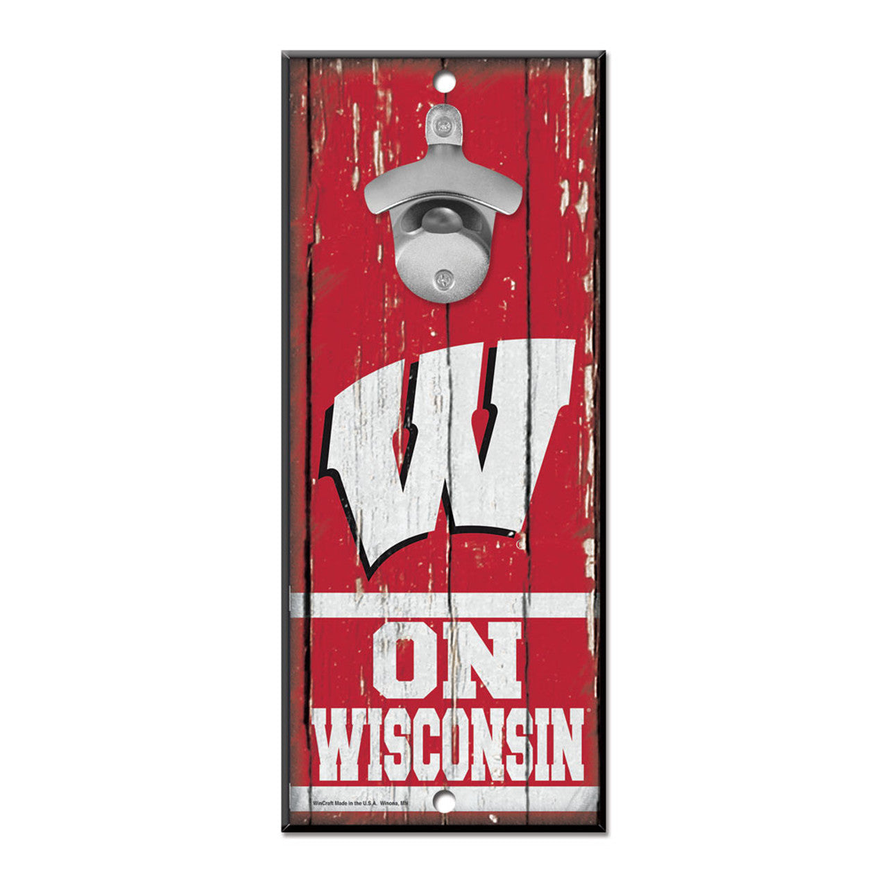 Wisconsin Badgers wooden bottle opener sign with team graphics and cast metal opener by Wincraft