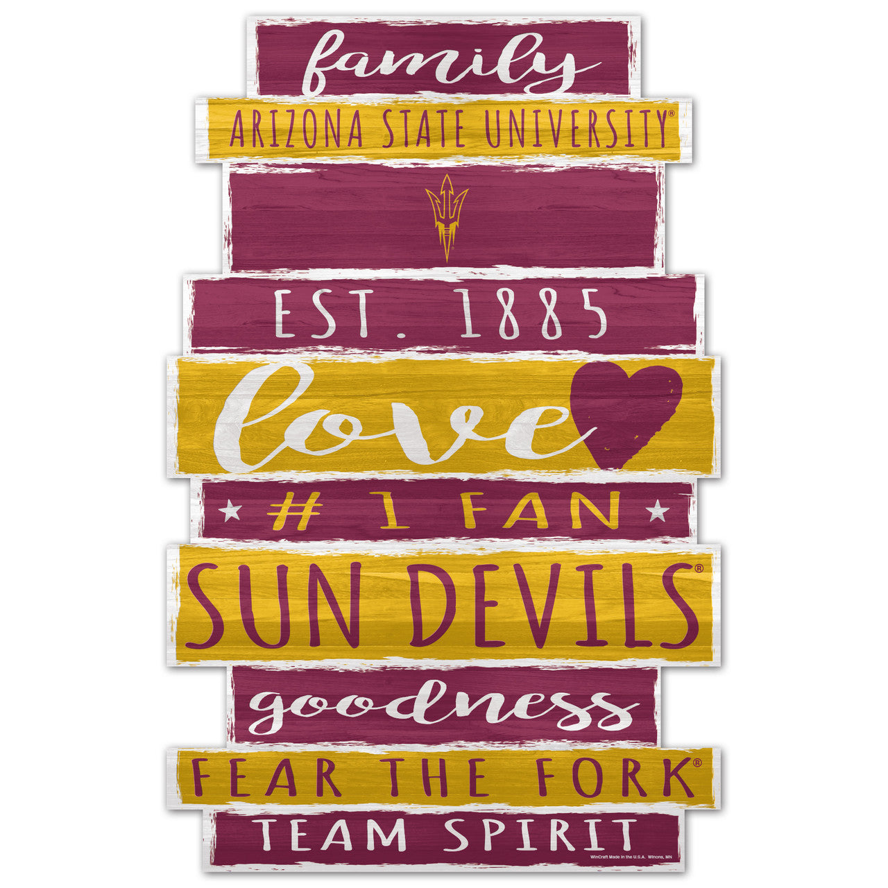 Arizona State Sun Devils Family Word Design 11x17 wood sign with bold maroon and gold NCAA graphics.