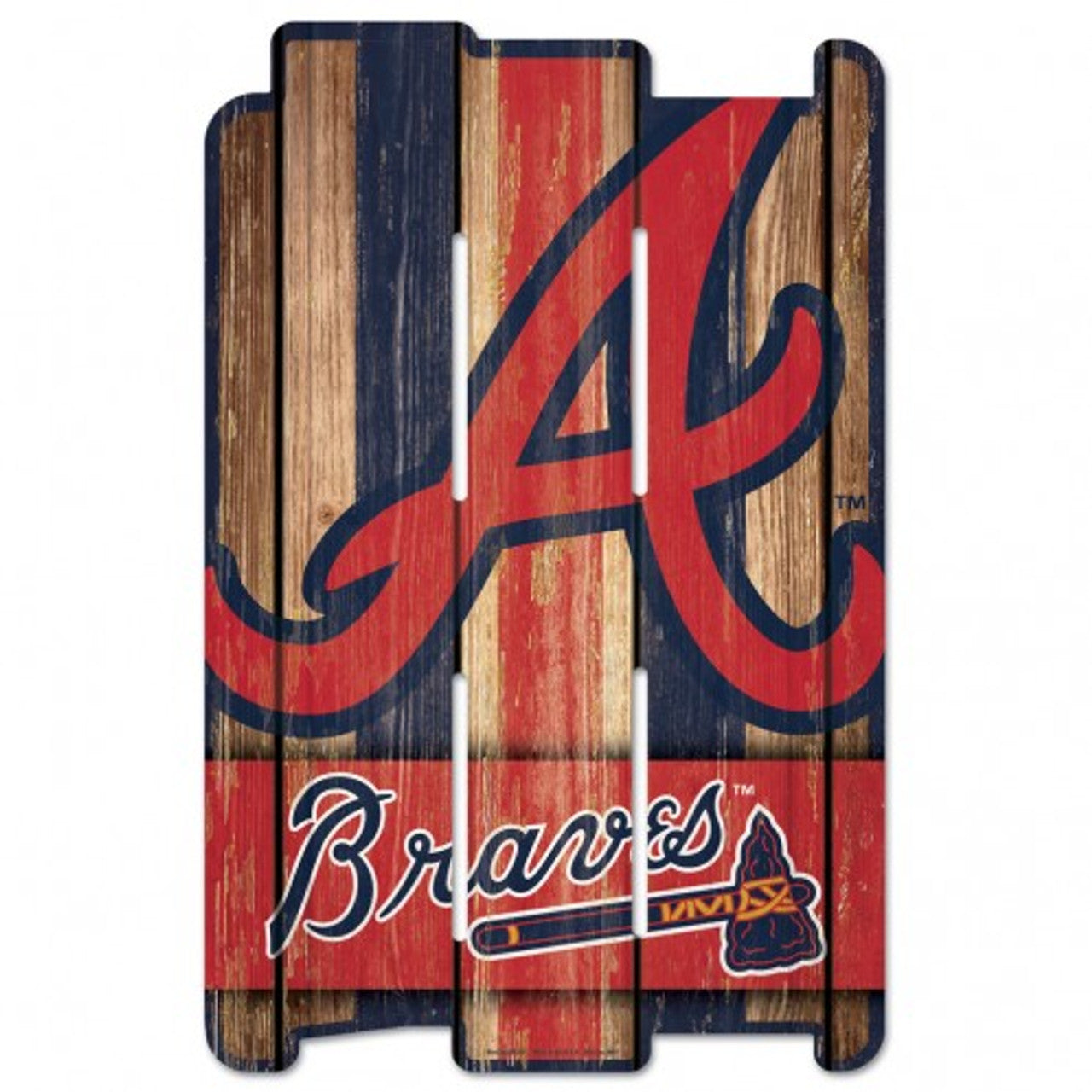 Atlanta Braves wood fence sign featuring official team graphics and colors, made in the USA by Wincraft, easy to hang