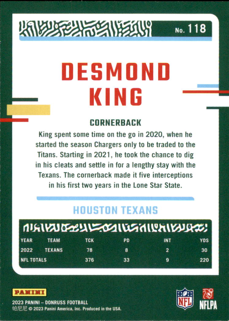 2023 Donruss #118 Desmond King - Houston Texans Football Card {NM-MT}