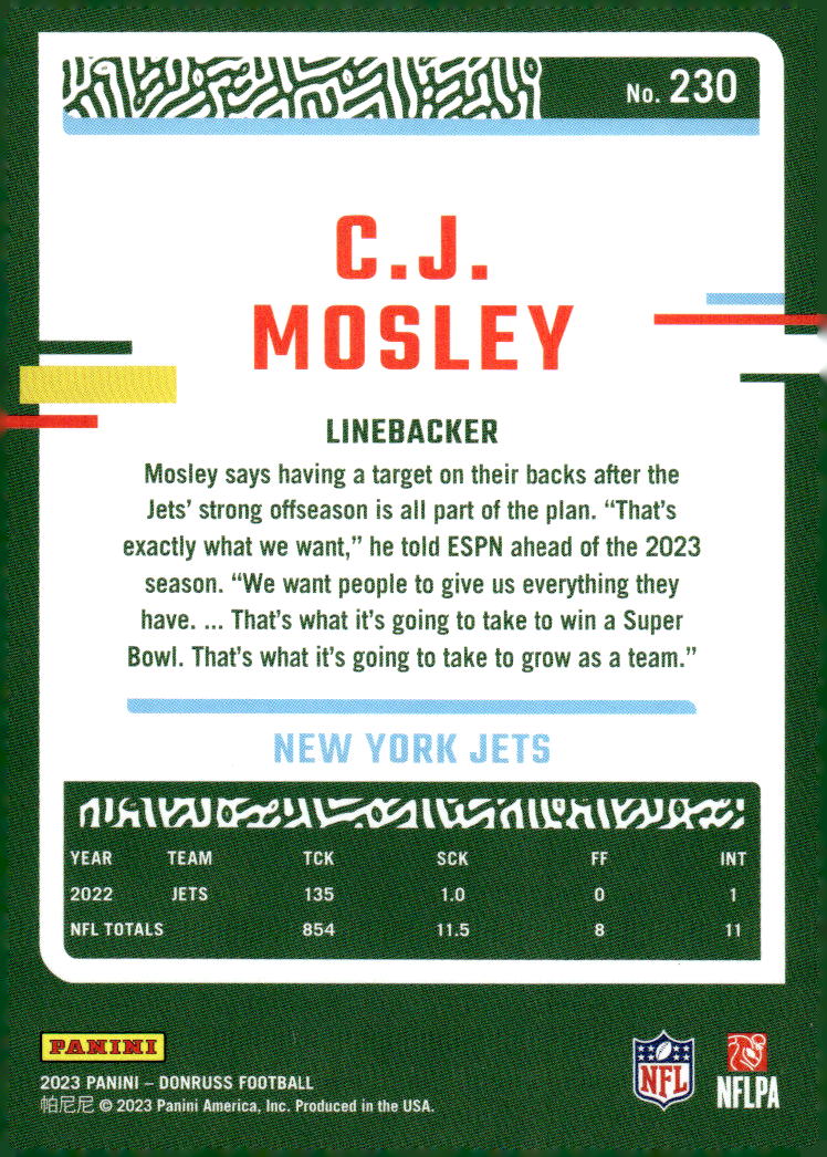 Trading card of C.J. Mosley, a linebacker for the New York Jets, with text and statistics on a green background.