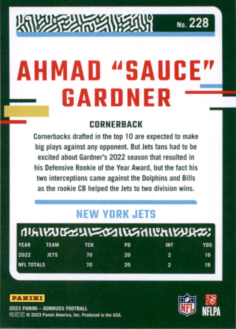2023 Donruss #228 Ahmad Sauce Gardner - New York Jets Football Card {NM-MT}