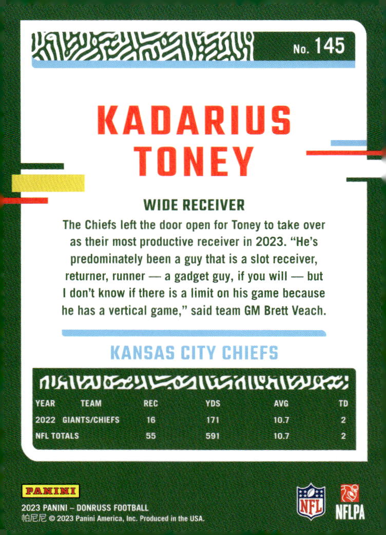 2023 Donruss #145 Kadarius Toney - Kansas City Chiefs Football Card {NM-MT}