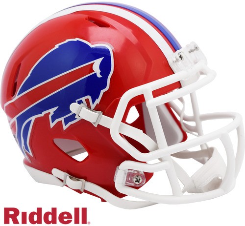 Buffalo Bills Throwback Speed Mini Helmet - Riddell NFL collectible with vintage decals, chinstrap, padding, and metal faceguard