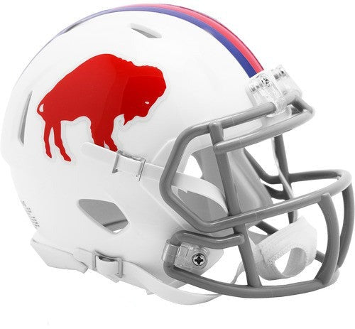 Buffalo Bills Throwback Speed Mini Helmet by Riddell - classic NFL design with chinstrap, padding, metal faceguard, and vintage decals
