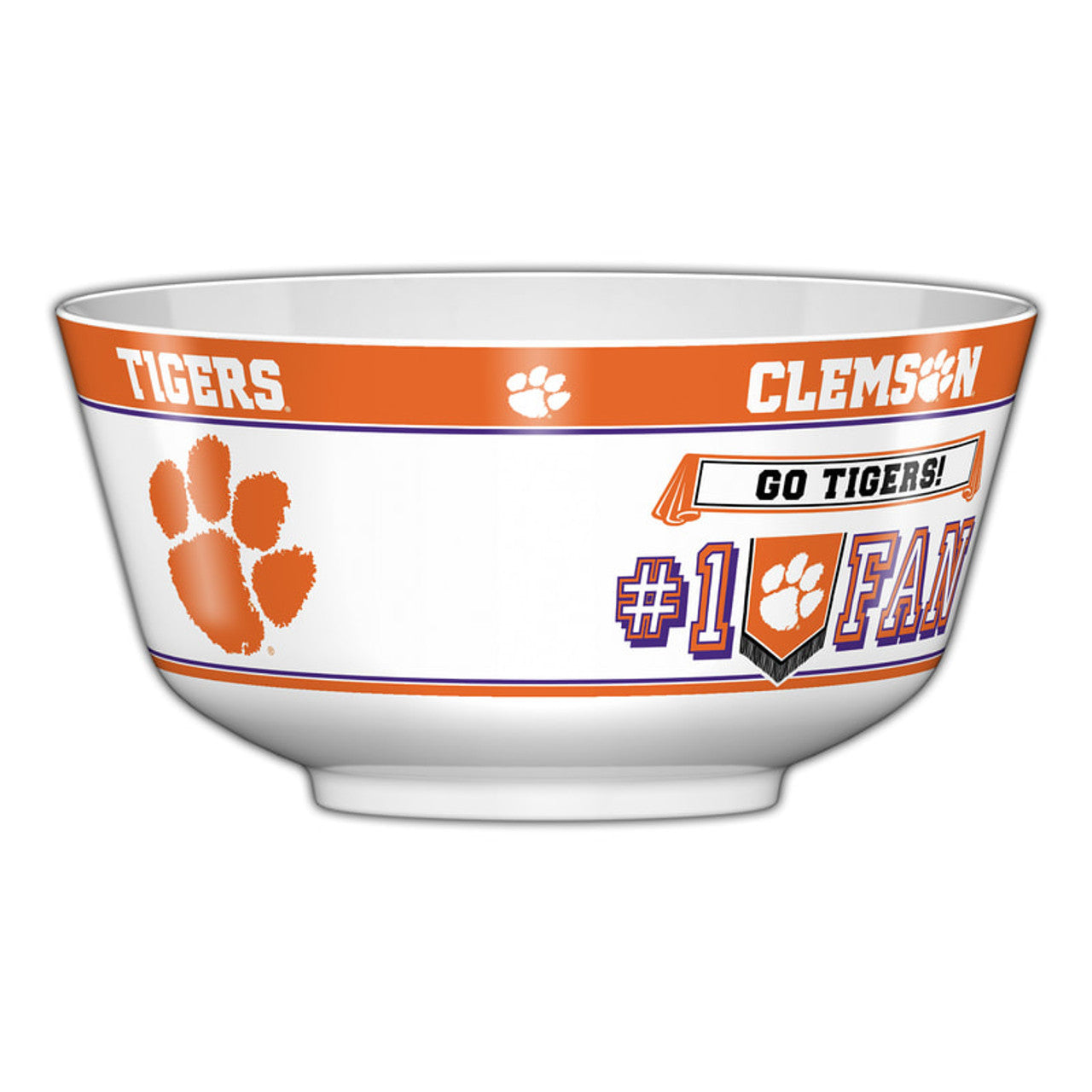 Clemson Tigers NCAA Party Bowl in melamine with team colors and fade-resistant graphics, measuring 11.75 x 6 inches.
