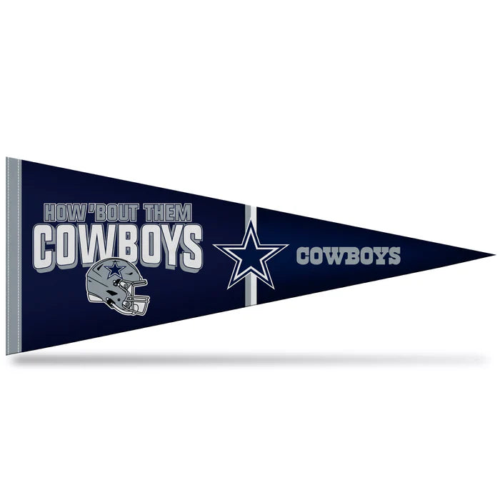 Dallas Cowboys NFL slogan pennant with "How 'Bout Them Cowboys," 12x30 felt material, officially licensed by NFL