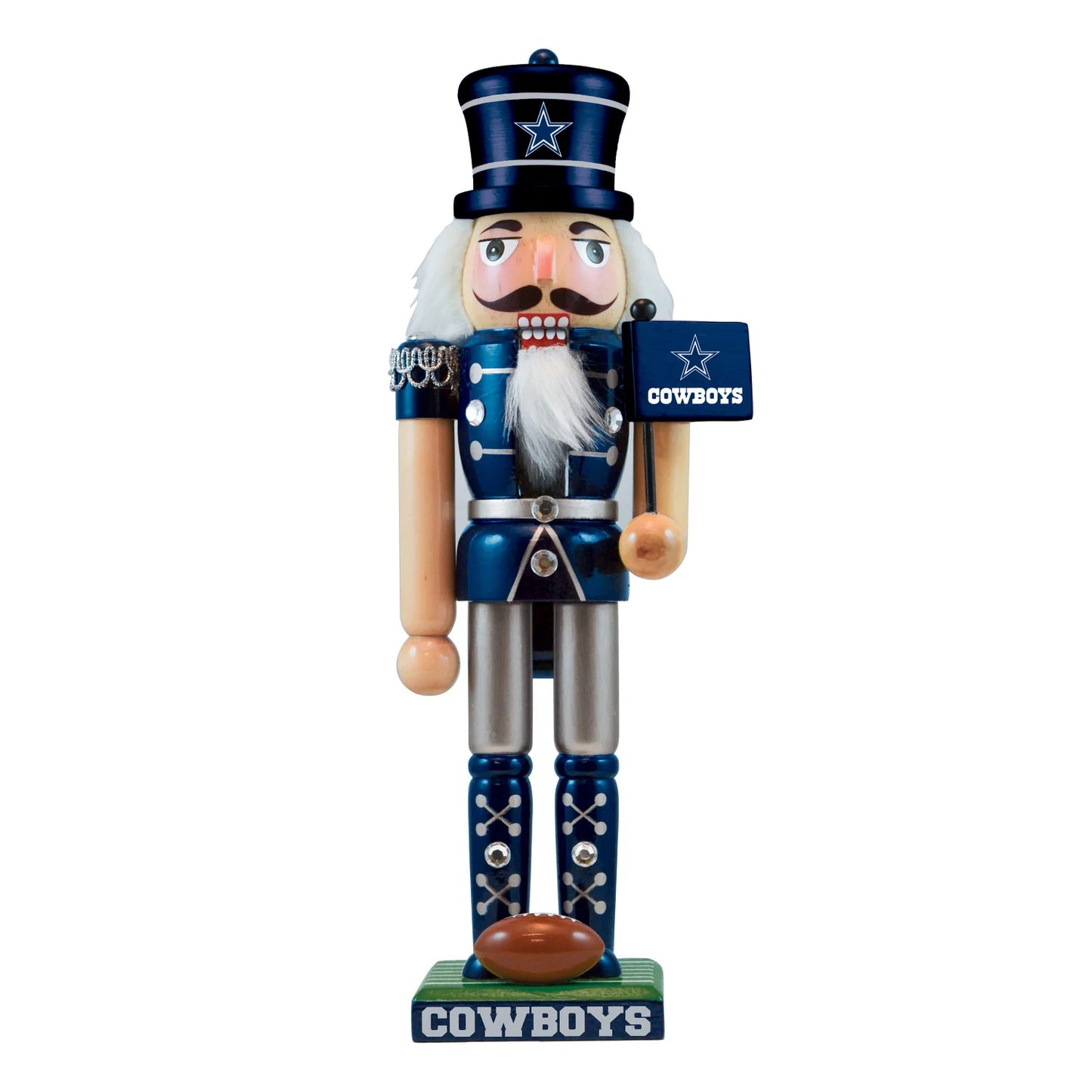 12" Dallas Cowboys wooden nutcracker with team colors, football, flag, and decorative gems. NFL licensed.
