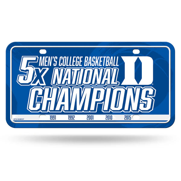 Blue and white license plate celebrating Duke University's men's college basketball national championships.
