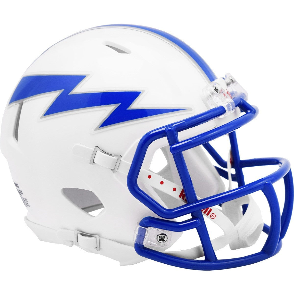 Air Force Falcons Speed Mini Helmet, 5" tall, with chinstrap, metal faceguard, and foam padding. Ideal for autographs. Officially licensed. Made by Riddell.