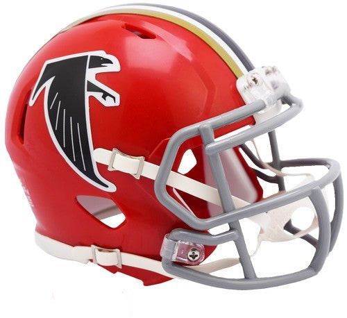 Atlanta Falcons 1966-1969 Throwback Speed Mini Helmet by Riddell with chinstrap and faceguard, ideal for collectors.
