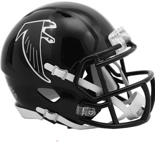 Atlanta Falcons Throwback Riddell Speed Mini Helmet with 1990-2002 design, chinstrap, and faceguard for collectors.