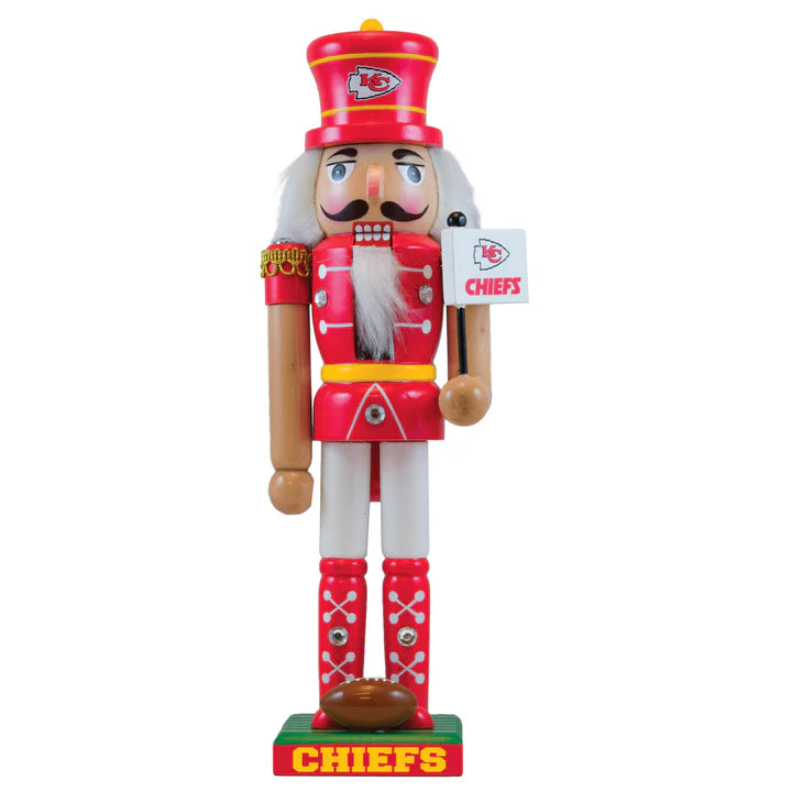 12" Kansas City Chiefs wooden nutcracker with team colors, football, flag, and decorative gems. NFL licensed.