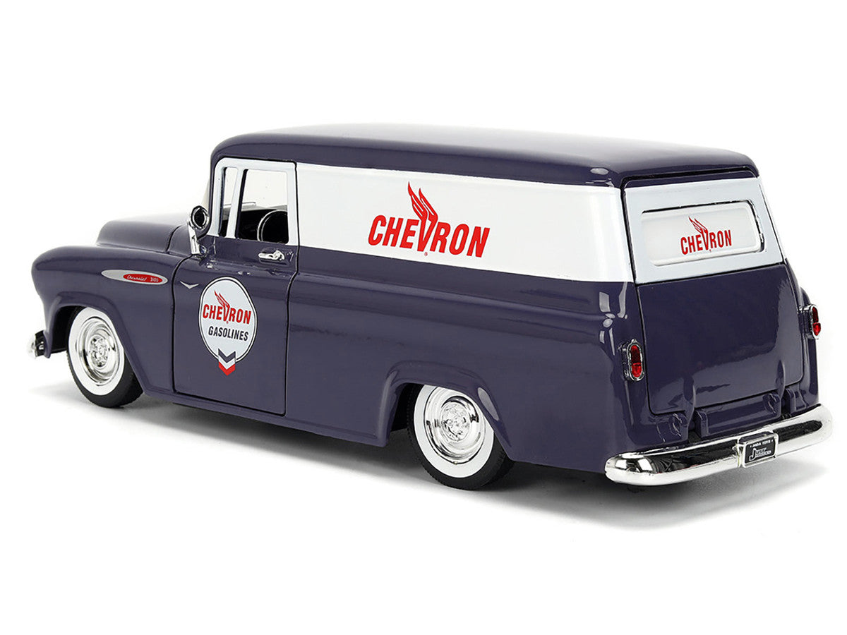 1957 Chevrolet Suburban "Chevron" Dark Blue with White Stripes and Chevron Gas Pump "Just Trucks" Series 1/24 Diecast Model Car by Jada