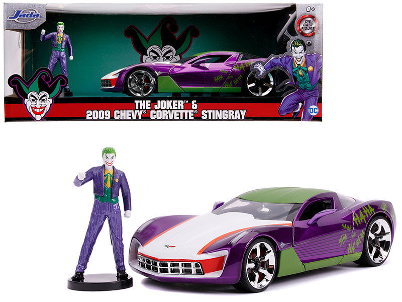 2009 Chevrolet Corvette Stingray 1/24 diecast model car with Joker figurine, DC Comics series, detailed interior.