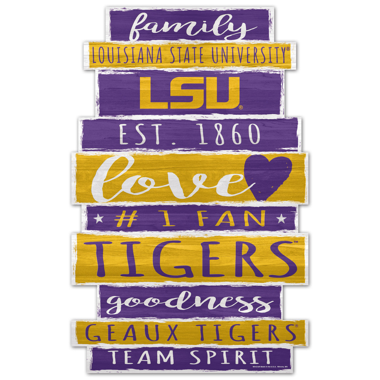 LSU Tigers NCAA 11x17 Family Word Design Wood Sign in purple and gold with bold graphics by Wincraft.