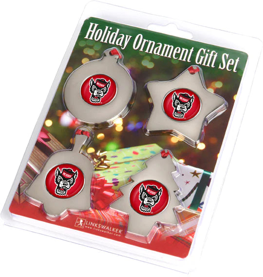 NC State Wolfpack 4-piece ornament set with bell, star, round, and tree shapes featuring team graphics by Linkswalker.