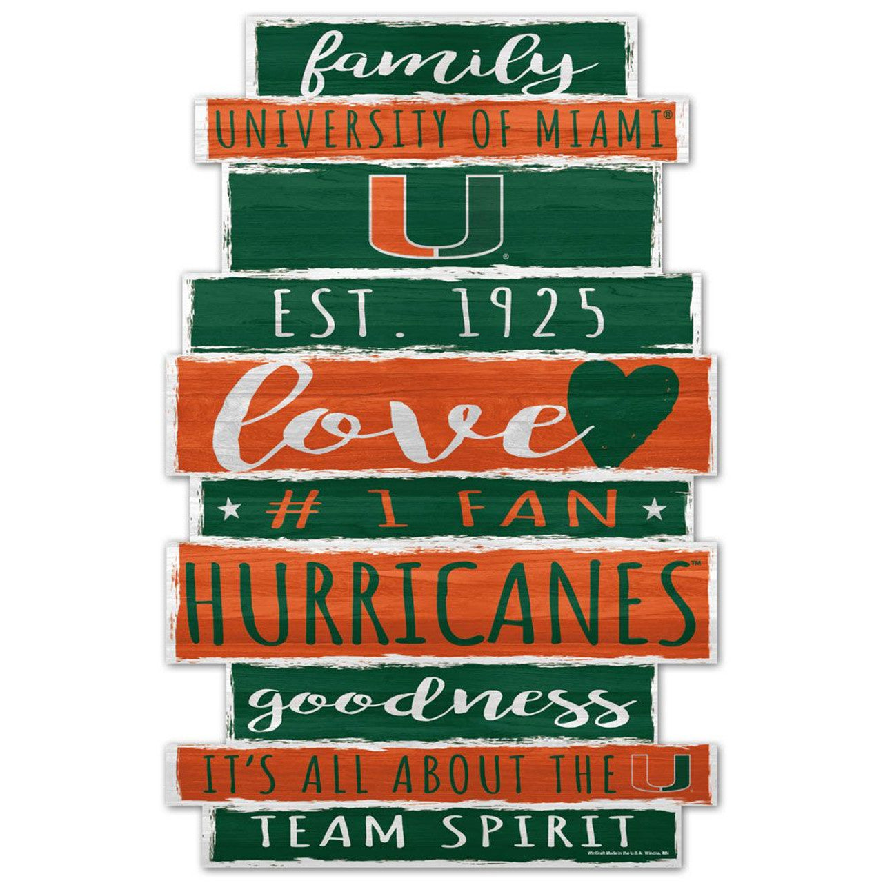 Miami Hurricanes Family Word Design 11x17 wood sign with bold orange and green NCAA team graphics.