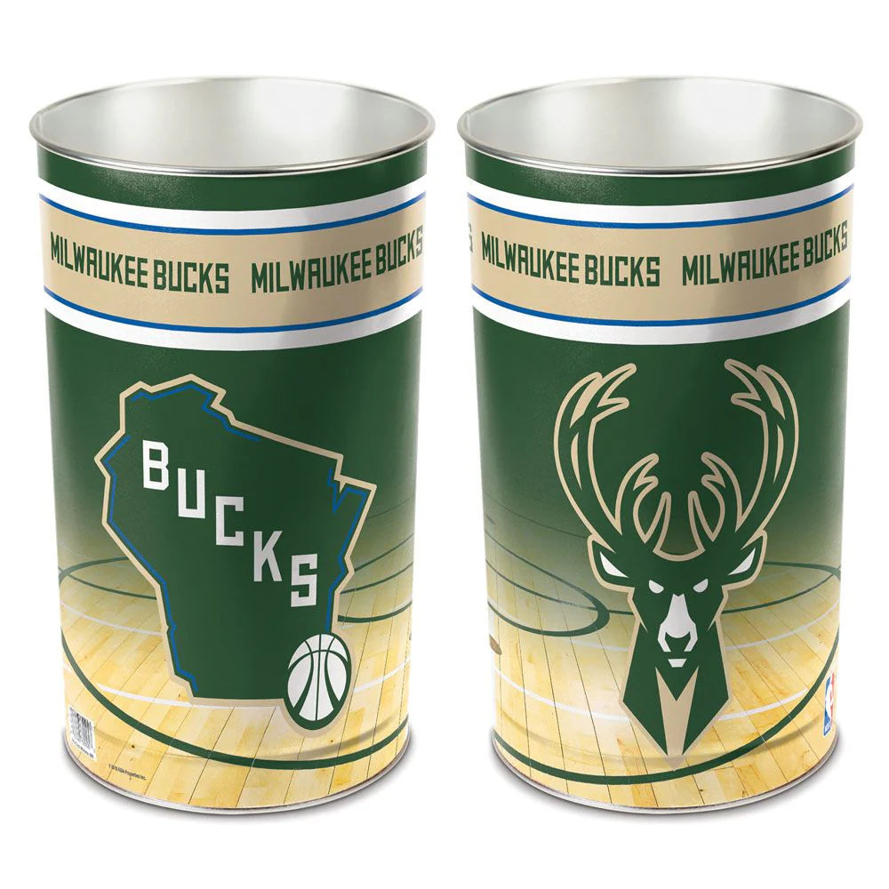 Milwaukee Bucks NBA metal trash can with team logo and colors -perfect wastebasket for fan caves, offices, or dorm rooms.