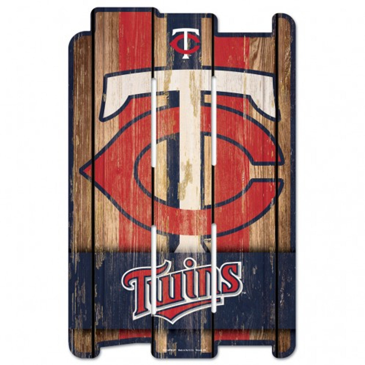Minnesota Twins MLB wood fence sign with official team graphics and colors, made in the USA by Wincraft, easy to hang