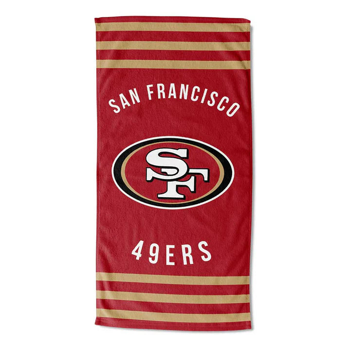San Francisco 49ers beach towel with team colors and bold graphics, 30x60, officially licensed NFL product.