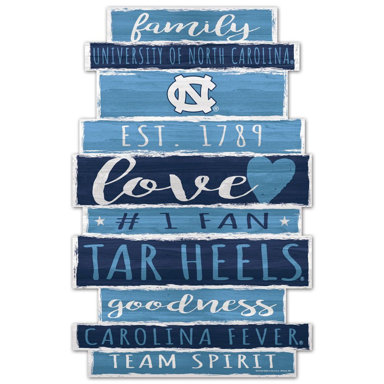 North Carolina Tar Heels Family Word Design 11x17 wood sign with Carolina blue and white NCAA graphics.