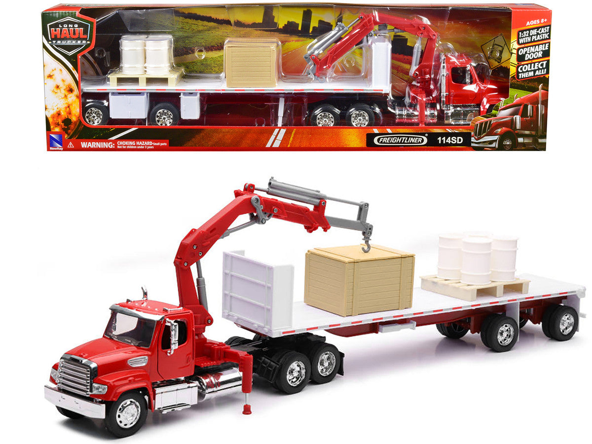 New Ray Freightliner 114SD flatbed truck with crane red 1/32 scale diecast model