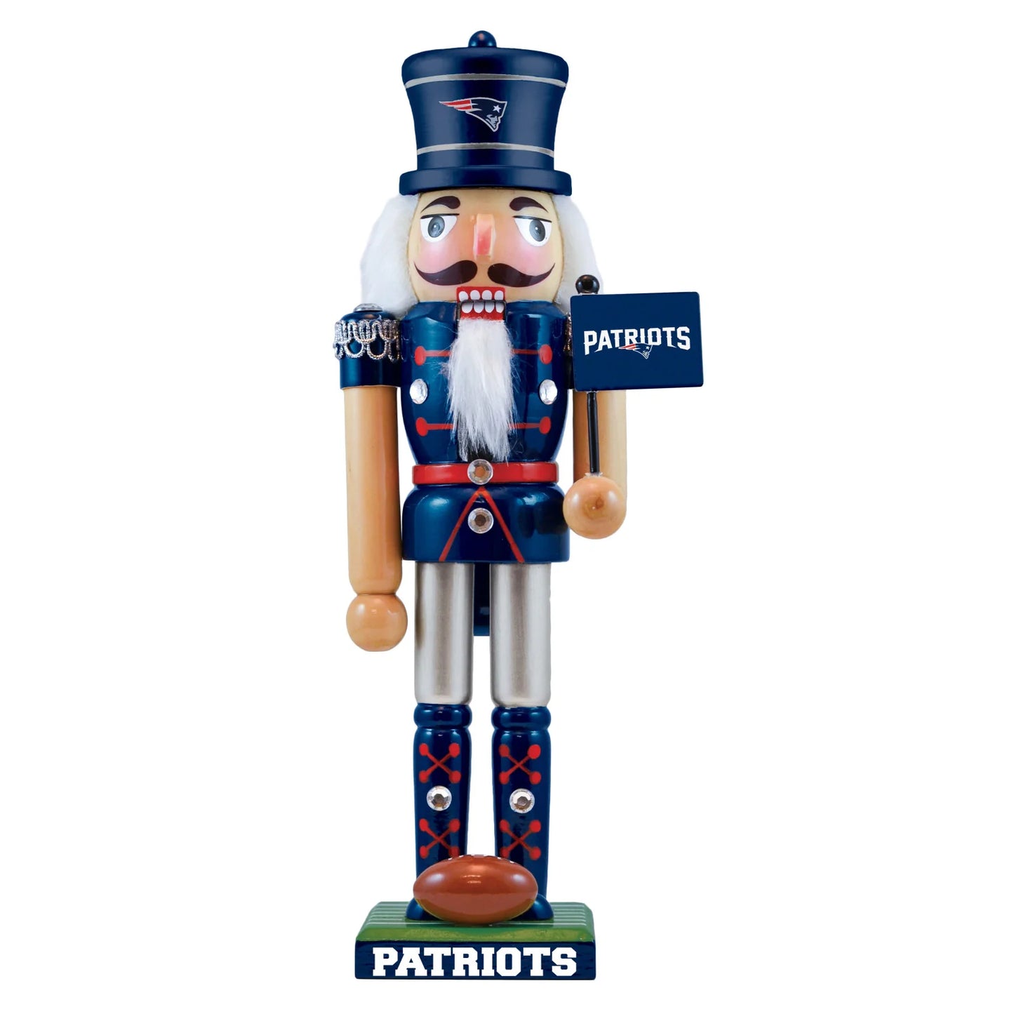 12" New England Patriots wooden nutcracker featuring NFL colors, football, flag, and decorative gems.