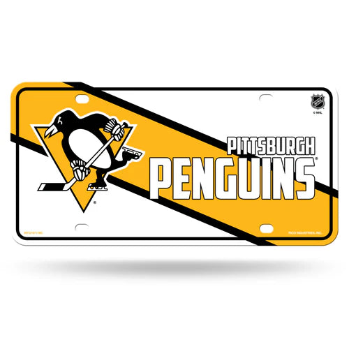 Pittsburgh Penguins retro-style metal license plate featuring team colors and graphics. Official NHL product by Rico.