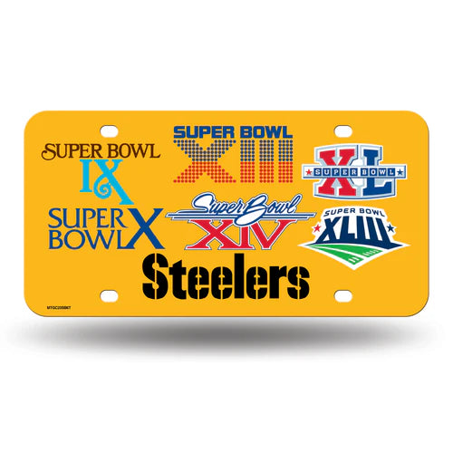 Pittsburgh Steelers 6X Champs metal license plate with team colors and graphics, 6x12 inches, officially licensed NFL tag