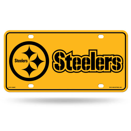 Display your Steelers pride with this metal license plate featuring a black logo and gold wordmark. Officially licensed NFL gear by Rico.