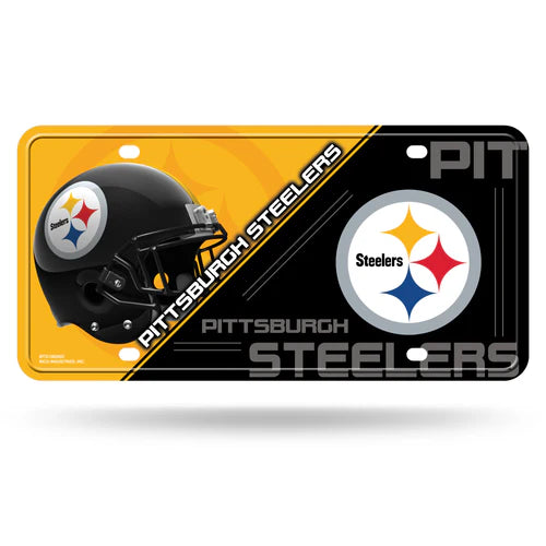 Pittsburgh Steelers NFL metal license plate with team colors and split design, officially licensed by Rico Industries