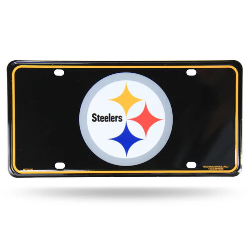 Pittsburgh Steelers metal license plate tag featuring team colors, aluminum build, and 4 mounting holes
