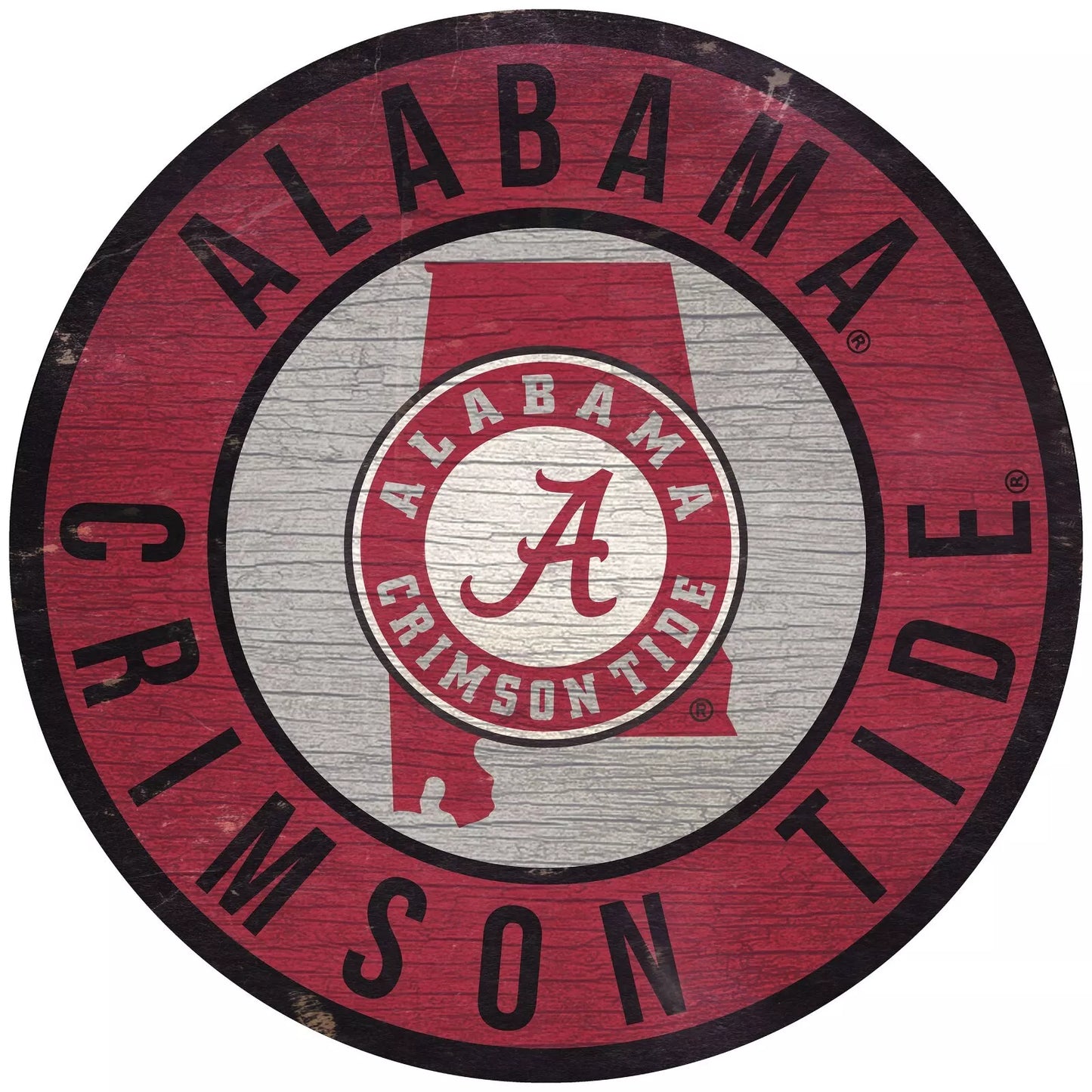"Alabama Crimson Tide round wooden sign with state design, 12x12, team colors and graphics."