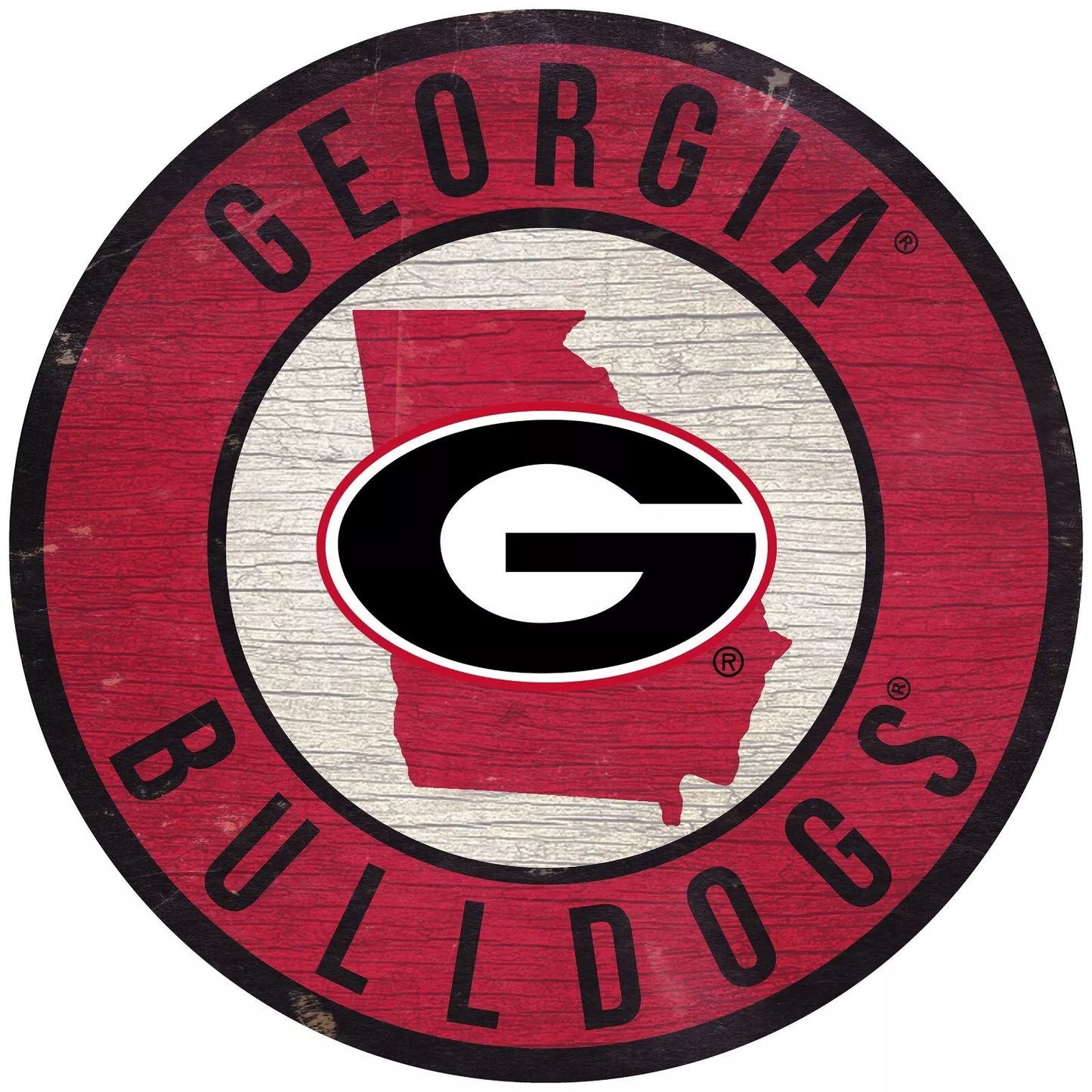 Georgia Bulldogs 12" round distressed wooden sign featuring team graphics and state outline, made from durable MDF