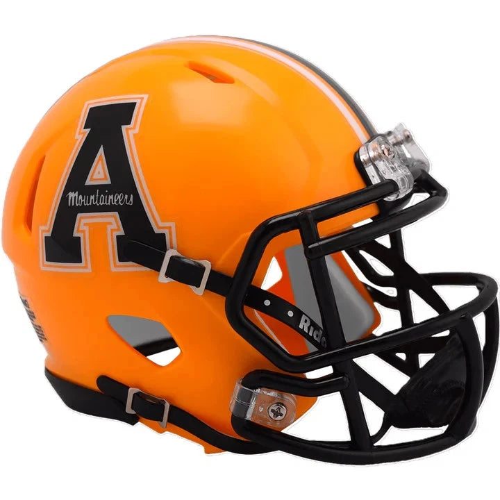 Appalachian State mini speed helmet with metal faceguard, chinstrap, foam padding, and official NCAA team decals.