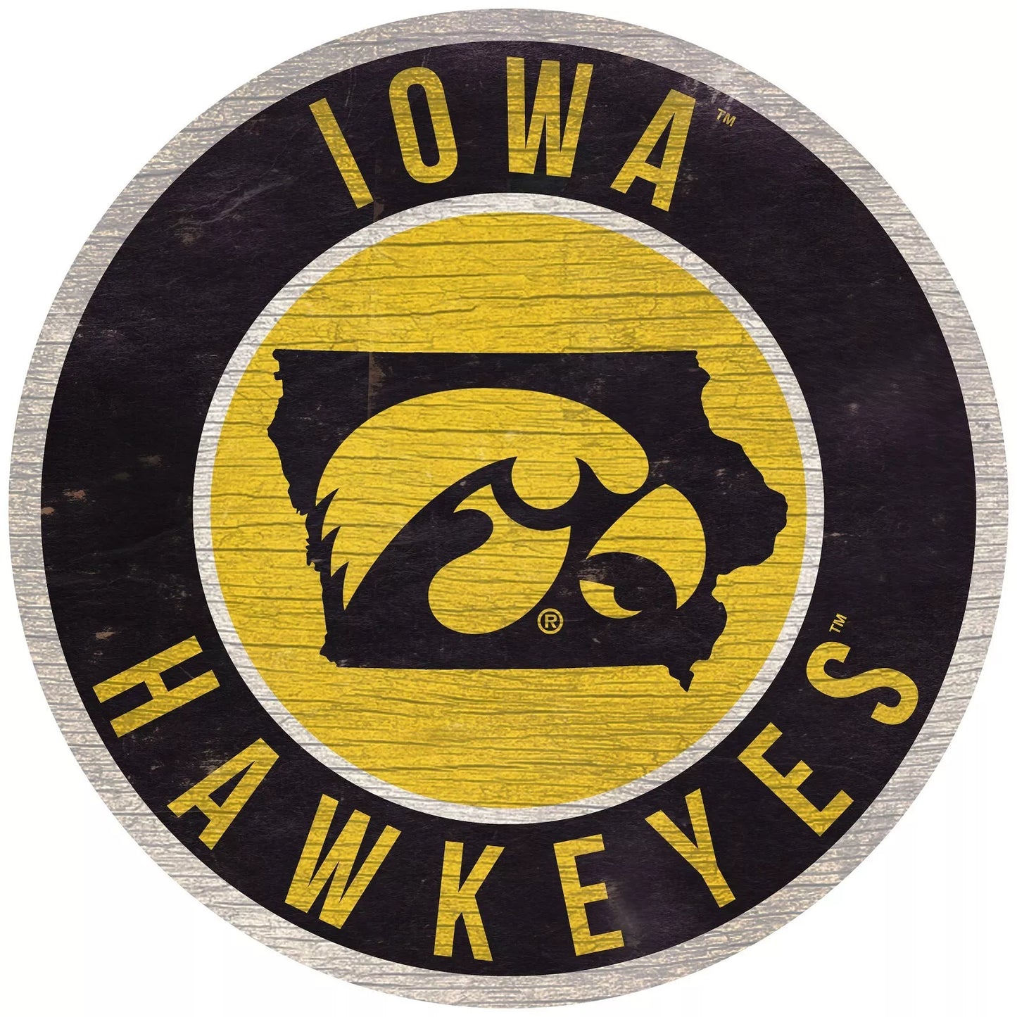Iowa Hawkeyes 12" round distressed wooden sign featuring bold team graphics and colors over a rustic background