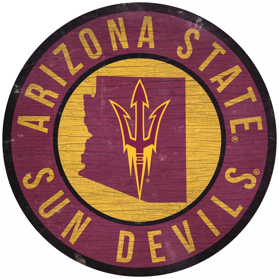 "Arizona State Sun Devils NCAA 12" round wooden sign featuring team colors and state graphics."