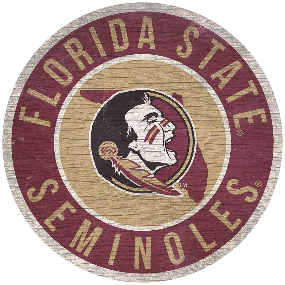 Florida State Seminoles 12" round sign with distressed graphics and bold team colors, made from MDF