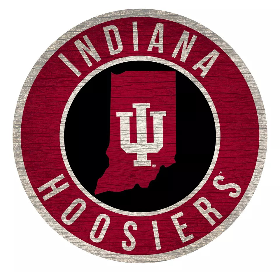 Indiana Hoosiers 12" round distressed wooden state sign, MDF, made in USA, officially licensed by Fan Creations.