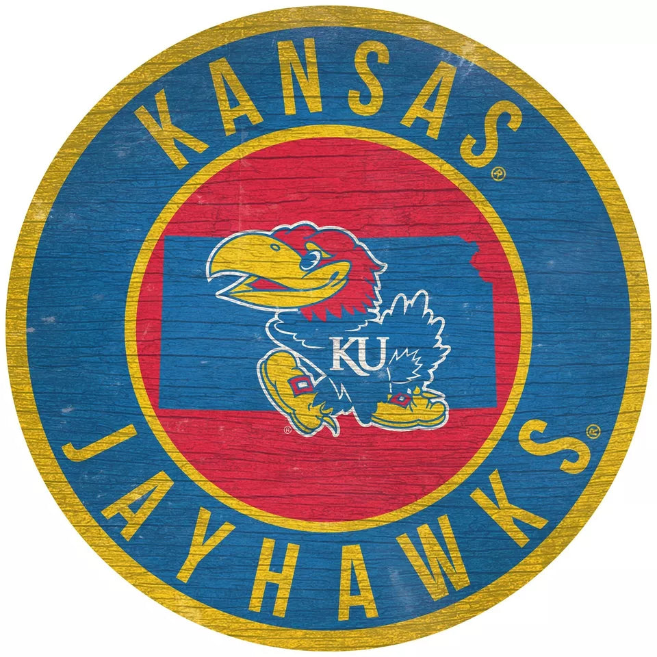Kansas Jayhawks 12" round distressed wooden sign with team graphics and colors over rustic state-inspired design